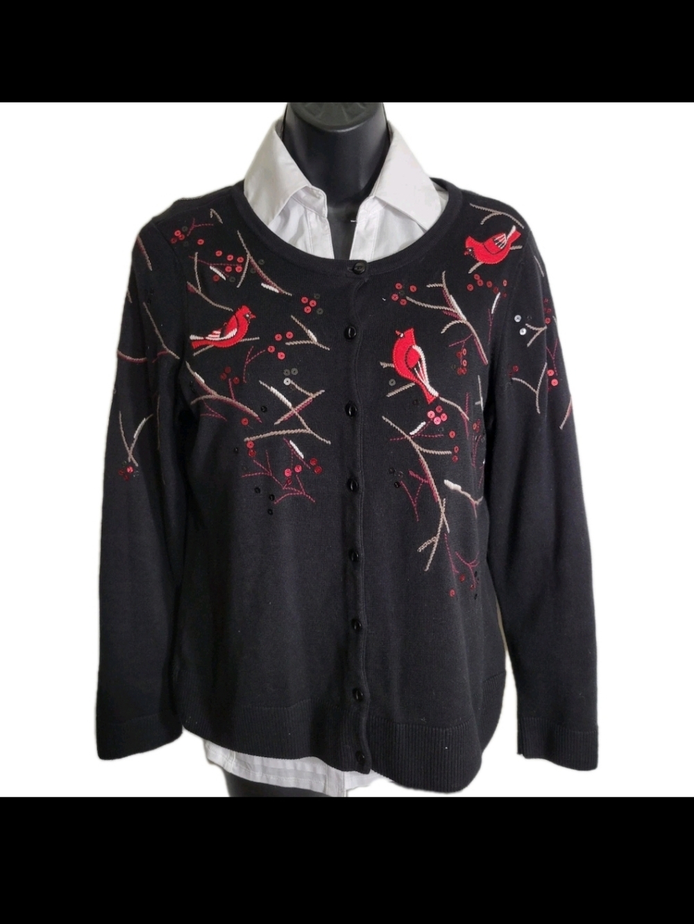 Christopher & Banks Cardinal Embroidered Cardigan White Blouse Set Size Small